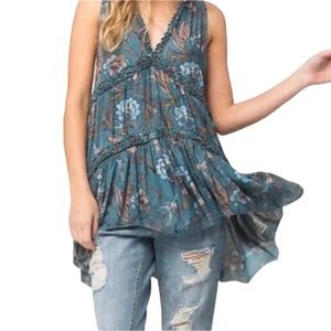 FREE PEOPLE Purple Haze Sleeveless Top Floral Hummingbird Print Small